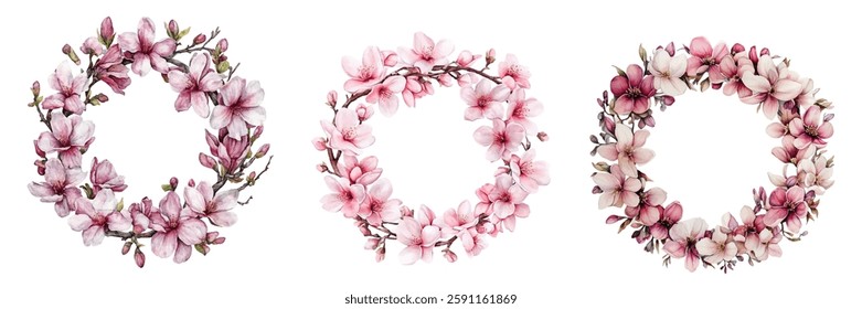 Watercolor set of spring wreaths png. Spring branches of magnolia and sakura braided into a round wreath. Spring frames. Spring and blossom concept. Vector illustration.