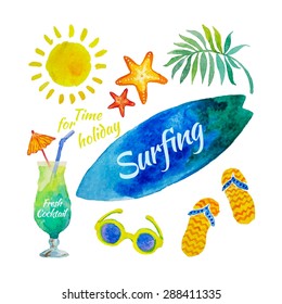 Watercolor set of starfish, surfboards, sunglasses, sun, palm trees, beach sandals,  cocktails and lettering - The time for the holidays, surfing. Elements isolated on a white background. Vector.