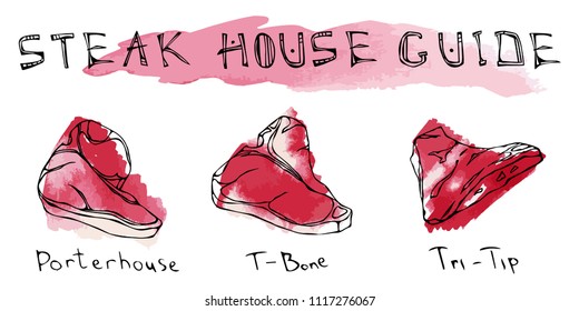 Watercolor Set of Steak Types. Beef Cuts. Top Meat Guide for Butcher Shop or Steak House Restaurant Menu. Hand Drawn Illustration. Doodle Style. Porterhouse, T-bone Tri tip.