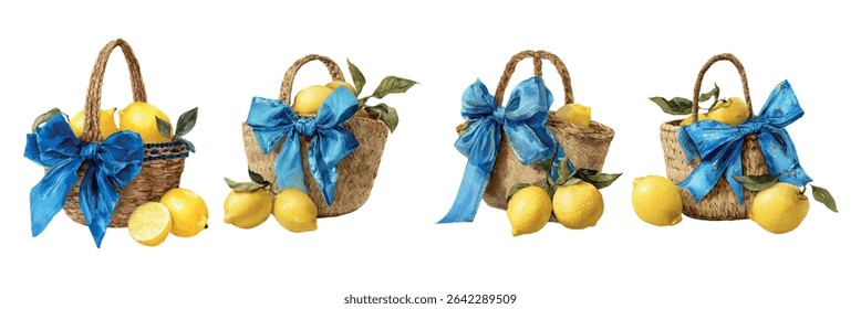 Watercolor set of straw bags with lemons. Straw bag decorated with satin blue bow and filled with ripe lemons. Summer vacation elements, Italian coast style elements, sea Italian weekend.