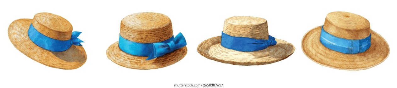 Watercolor set of straw summer hats. Straw hats with blue ribbon and bow. Beach women's accessories. Summer beach vacation concept. Vector illustration.