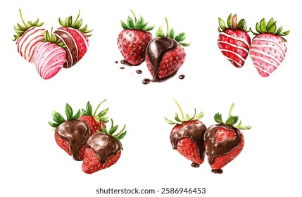 Watercolor set of strawberries in chocolate. Red strawberries covered with milk white and dark chocolate. Desserts strawberries in chocolate. Vector illustration.