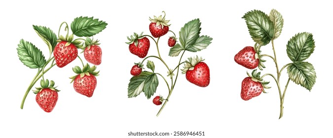 Watercolor set of strawberry branches. Strawberry plant with leaves and red berries watercolor on transparent background. Vintage strawberry branches. Wild berries concept. Vector illustration.