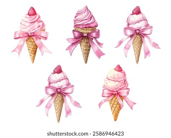 Watercolor set of strawberry ice cream in waffle cones. Strawberry ice cream in waffle cones decorated with strawberry berry and pink satin ribbon bow. Refreshing summer desserts. 