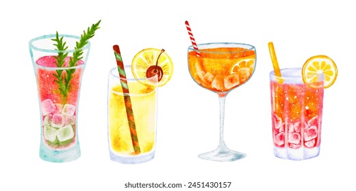 Watercolor set summer drink, tropical cocktails cut out from background. Hand drawn not AI