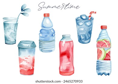 Watercolor set of summer drinks. Set of cocktails, drinks watercolor clipart. Water bottle