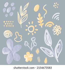 watercolor set summer with flowers,leaves, spot, circle, zigzag, line, sun, rainbow,dots