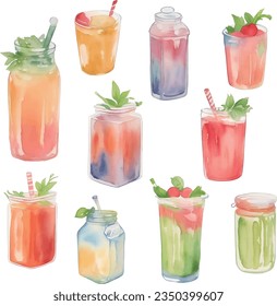 Watercolor set of summer juice. Hand drawn illustration isolated on white background