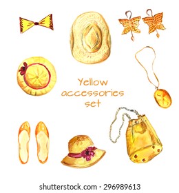 Watercolor set of summer trendy clothes with accessories: hats, earrings, handbag, flat shoes, necklace, bow and butterfly. Yellow accessories set. Vector illustration