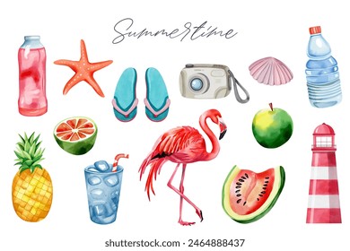 Watercolor set of summertime elements. Summer clipart. Summer stuff set.