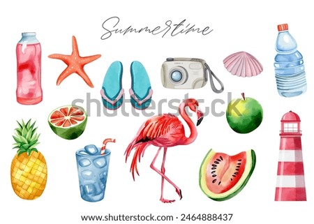 Watercolor set of summertime elements. Summer clipart. Summer stuff set.