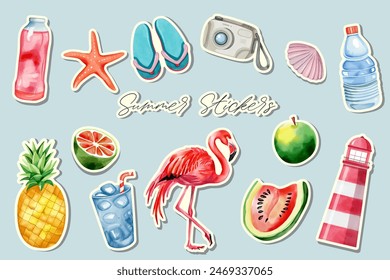 Conjunto de acuarela de pegatinas de verano. Clipart de verano. Conjunto de pegatinas tropicales.