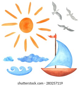 Watercolor set sun, clouds, waves, yacht, bird seagull  isolated on white background. Hand painting on paper