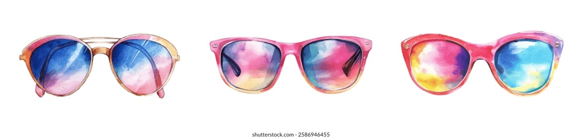 Watercolor set of sunglasses. Bright sunglasses with dark glass. concept of sun protection for eyes and fashionable summer accessory. Summer items.