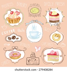 Watercolor set of sweet cakes,cupcakes,coffee,cap  in labels, stickers, badges. Vintage cute card,logo  with doodle decor and lettering.Hand painted Vector illustration.For cafe,holiday poster,