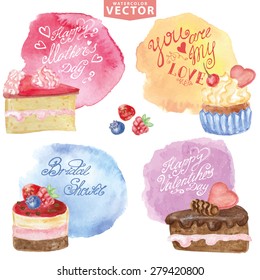 Watercolor set of sweet cakes,cupcakes,steins in Holiday carts set. Vintage cute  poster with lettering, wishes.Hand painted Vector illustration.For  birthday,Valentine day,mother day.