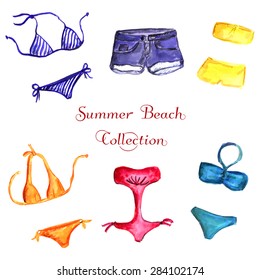 Watercolor Set Of Swimwear For Summer. Collection Of Bikini And Shorts. Vector Illustration. Summer Trends. 