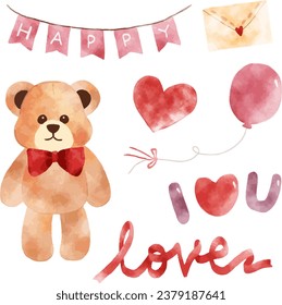 Watercolor set of teddy bear, mail, balloon for greeting card. Sweet adorable celebration. Love romance hand drawn watercolor. Cute stickers for prints.