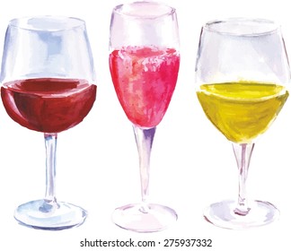 A watercolor set of three wine glasses (with red wine, sparkling rose and white wine), scalable vector graphic