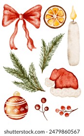Watercolor set twig of Christmas tree, candle, Santa hat, red holly berries, bow. Vector set of Christmas elements