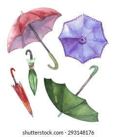 Watercolor set of umbrellas. Umbrellas from a rain, female umbrellas. Vector illustration