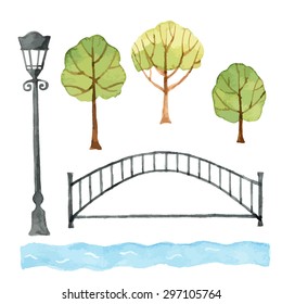 Watercolor set of urban elements, bridge, river, lantern, wood, street light. Vector illustration.
