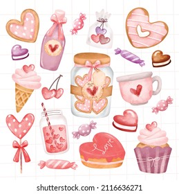 Watercolor set of Valentine cake drink candy and dessert 