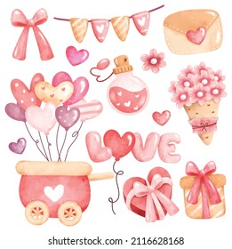 Watercolor set of Valentine and love elements