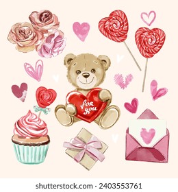 Watercolor set for Valentine's Day. Cute teddy bear, envelope, bouquet with roses, pink heart and lollipop. Retro style. Modern trend 2024