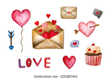 Watercolor set of Valentine's day items. Watercolor envelope with hearts,  heart, watercolor cupcake, heart balloon, cupid's arrow.