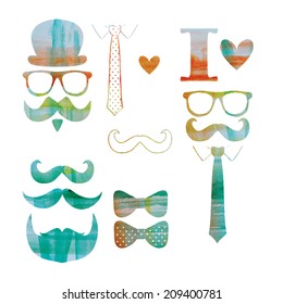 watercolor set vector hipster, mustache, glasses, beard