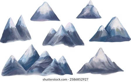 Watercolor set of Vector Illustration of majestic mountains and mountain ranges