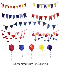 Watercolor set vintage garlands and balloons for party and wedding decoration. Vector design elements isolated on white background. Eps10.