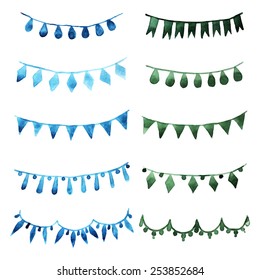 Watercolor set vintage green flag garlands for party and wedding decoration. Vector design elements isolated on white background. Eps10.
