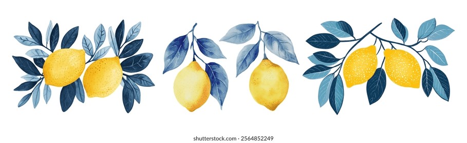 Watercolor set of vintage lemons png. Hand drawn lemons on a branch with leaves. Vector illustration