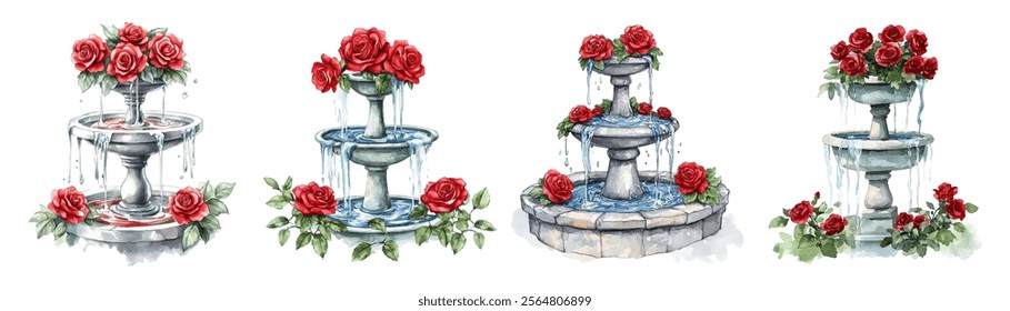 Watercolor set of vintage water fountains decorated with red roses. Garden vintage watercolor decorations. Watercolor wedding elements.