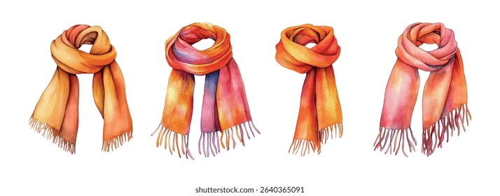 Watercolor set of warm scarves. Warm plush scarves in autumn colors. Warm accessories. Cozy warm scarves for cold weather. Vector illustration.