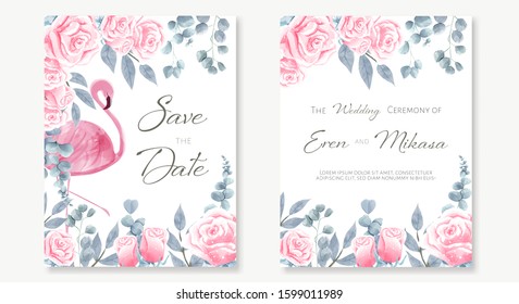 Watercolor set of wedding card in concept of flamingo in amont the pink roses garden.