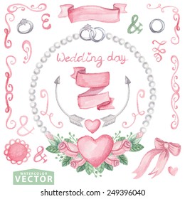 Watercolor set  wedding set with floral wreath of pink roses.Cute vintage elements,swirls,arrow,ribbon,hearts,rings,pearl necklace.Hand drawing painting.Vector for invitation,card,template.