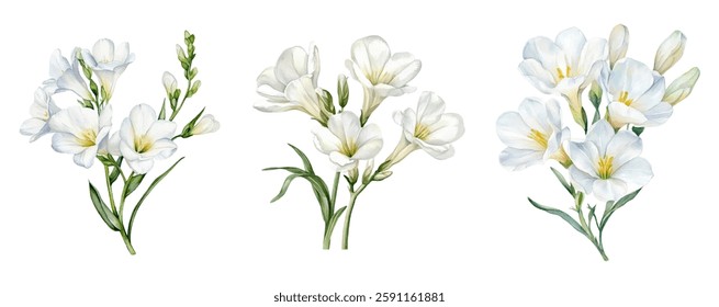 Watercolor set of white freesia flowers png. White freesia with green leaves and stem and white buds. Floral flower concept. Elements for wedding designs, invitations, etc. Spring flowers watercolor.