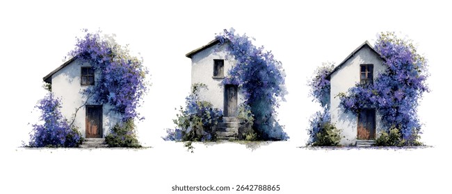 Watercolor set of white houses decorated with purple bush flowers. Small Italian villa facade decorated with flowers. Mediterranean style villa. Vector illustration.