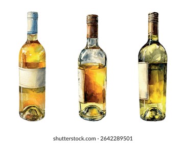 Watercolor set of white wine bottles png. Glass bottle of white wine in vintage style. Concept of bar, alcoholic drinks, winemaking. Vector illustration.