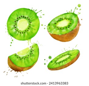 Watercolor set of whole, half and sliced kiwi with paint splashes isolated on white background