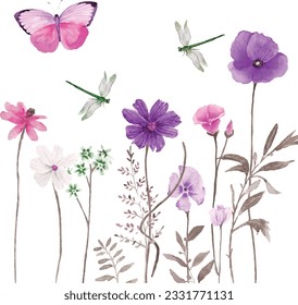 Watercolor set of wild flowers and butterflies. Hand drawn illustration.