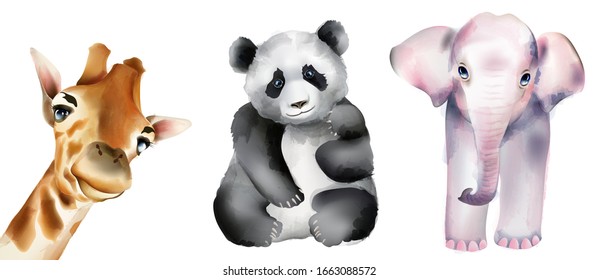 Watercolor set of wildlife animals. Panda bear, baby elephant and giraffe head. Vector