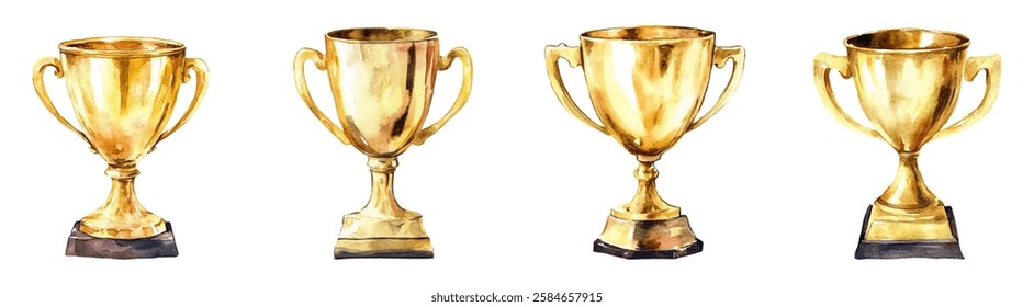 Watercolor set of winner's cups png. Golden cups trophies on a stand in watercolor style. Concept of awarding and victory. Symbolism of victory from competitions and sporting events.