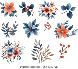 Watercolor set of winter flowers png. Winter plants in red and blue watercolor colors on isolated background. Winter watercolor botany. Vector illustration.