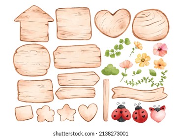 Watercolor set of Wooden signs and floral elements 