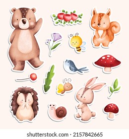 Watercolor set of woodland animals sticker