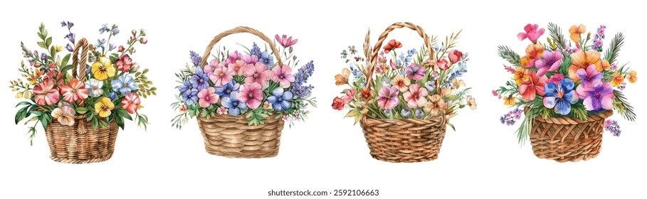 Watercolor set of woven eoshiki with lush bouquets of png flowers. Bouquets of forget-me-not flowers, wild and tropical flowers. Watercolor bouquets of flowers png. Vector illustration.